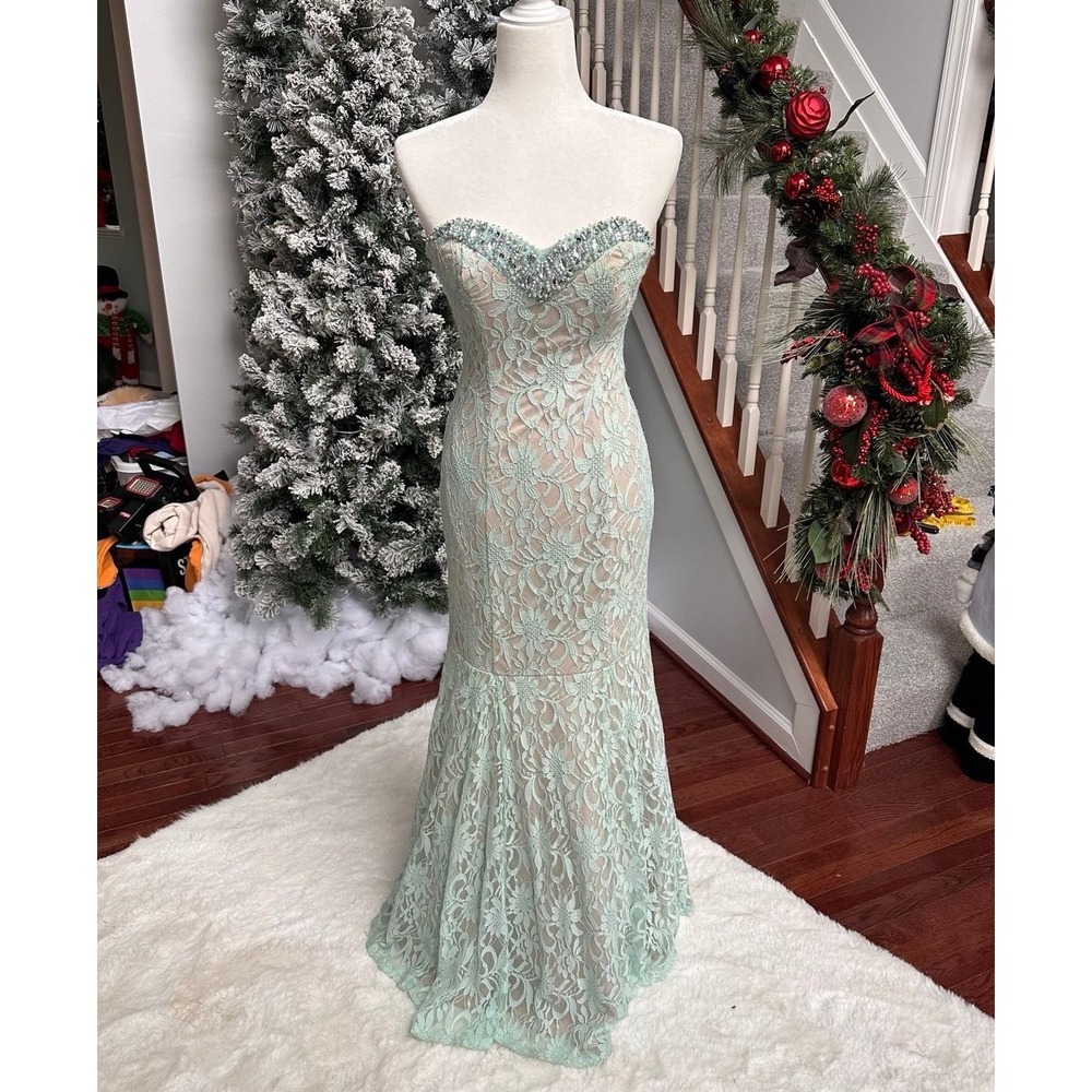 Vintage Sequin Hearts Mint Green Lace Strapless Mermaid Gown Dress Size 9